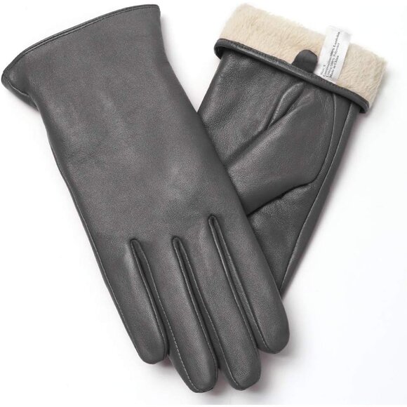 Women's Grey Touch Screen Warm Winter Driving Hull-Hand Leather Gloves - Picture 1 of 5
